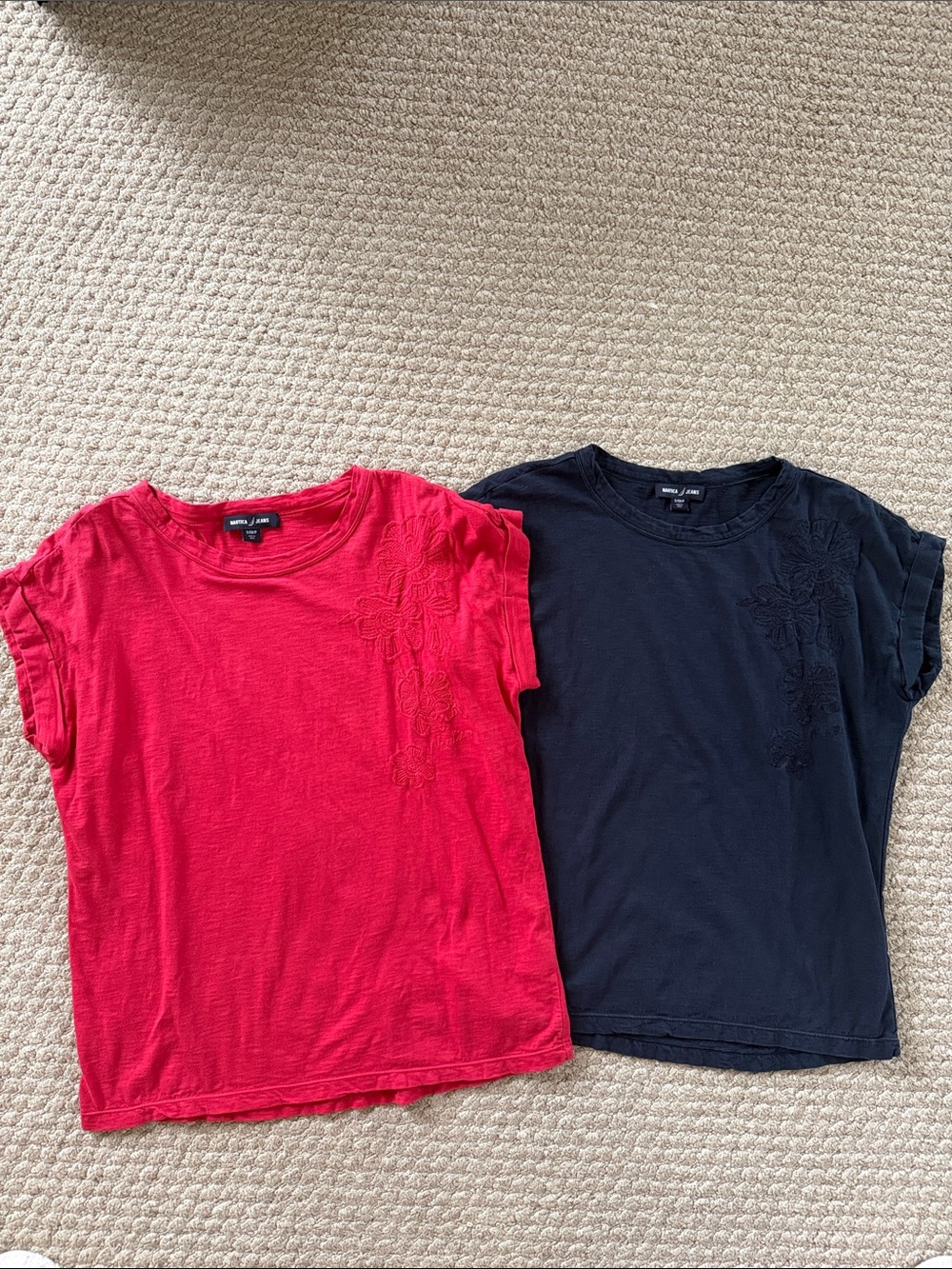 Nautica Red and Navy Short-Sleeve Tees with Shoulder Floral Detail - Quantity: 2